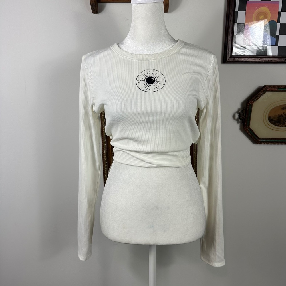 Windsor Upcycled Ribbed Long Sleeve White Crop Top Tie Back Bow Casual Minimal‎